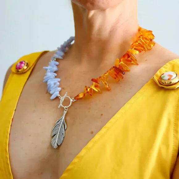 Amber & Agate Feather Pendant Necklace - Picture 3 of 10